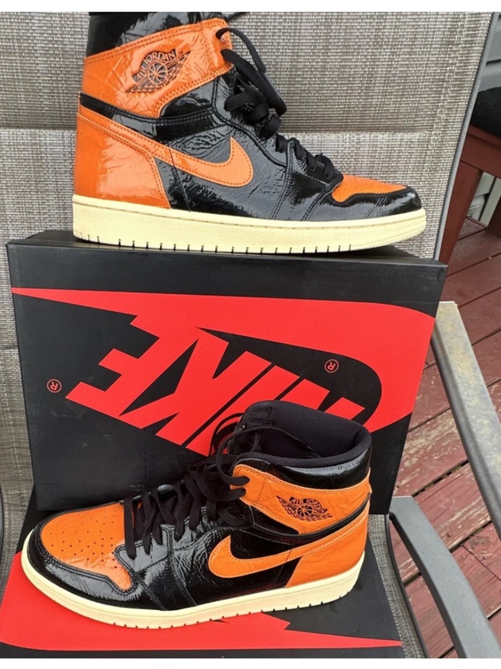 Jordan 1 Retro High OG Black and Orange Patent Leather Shattered Backboard Sneak